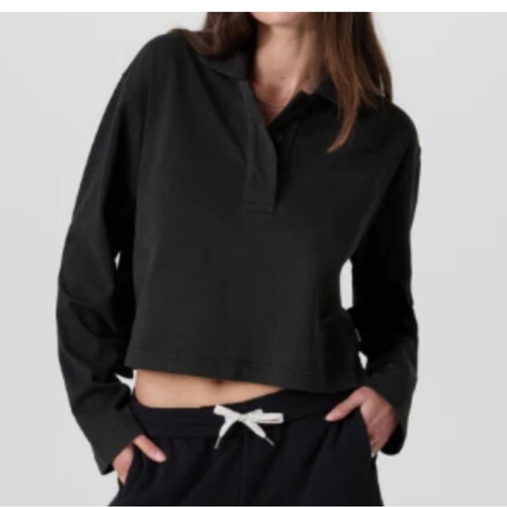 CHAMPION RELAXED OFF BLACK DYED 1/4 BUTTON DOWN CROPPED PULLOVER SWEATSHIRT SZ L
